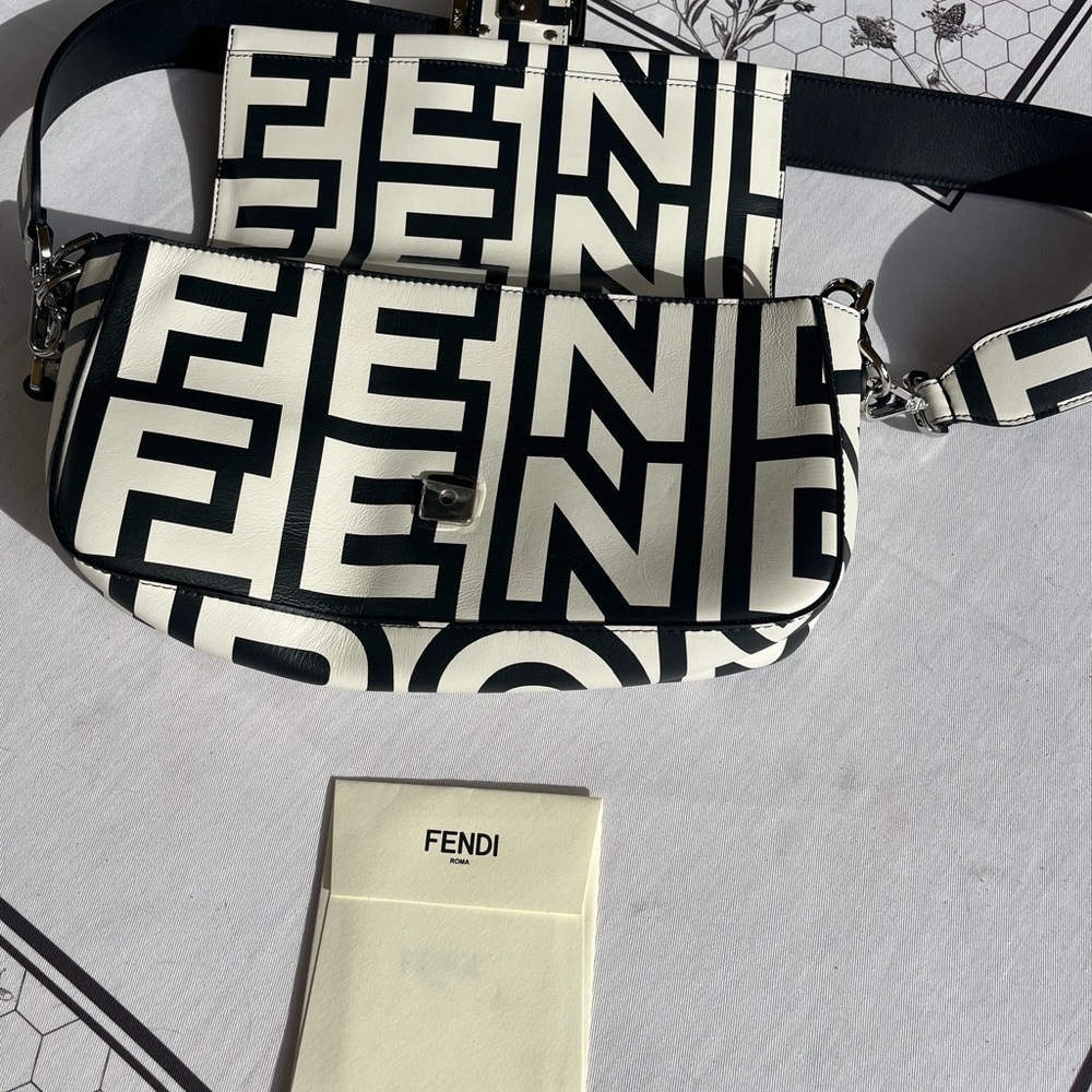 Fendi Baguette Blanco and Nero Calfskin leather crossbody Bag